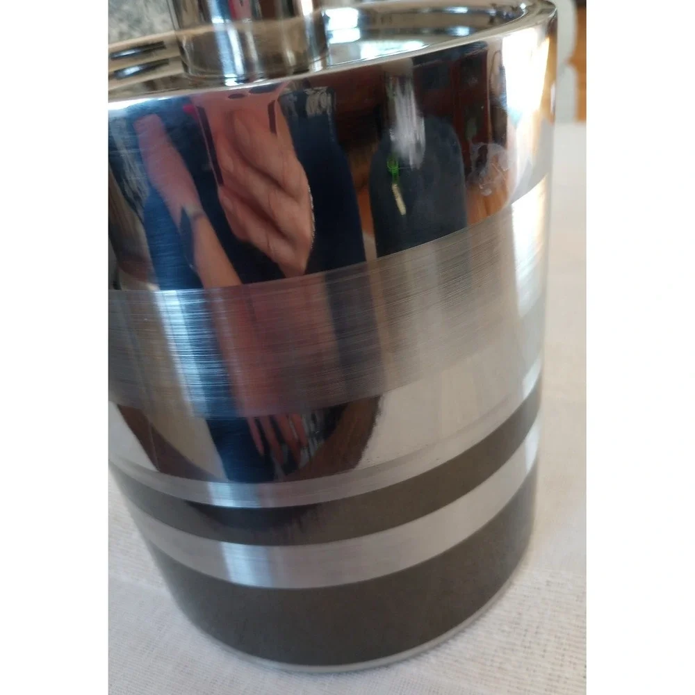 Crate&Barrel 3 Tone Stripe Ice Bucket 405-523 Made In India Silver/Graphite